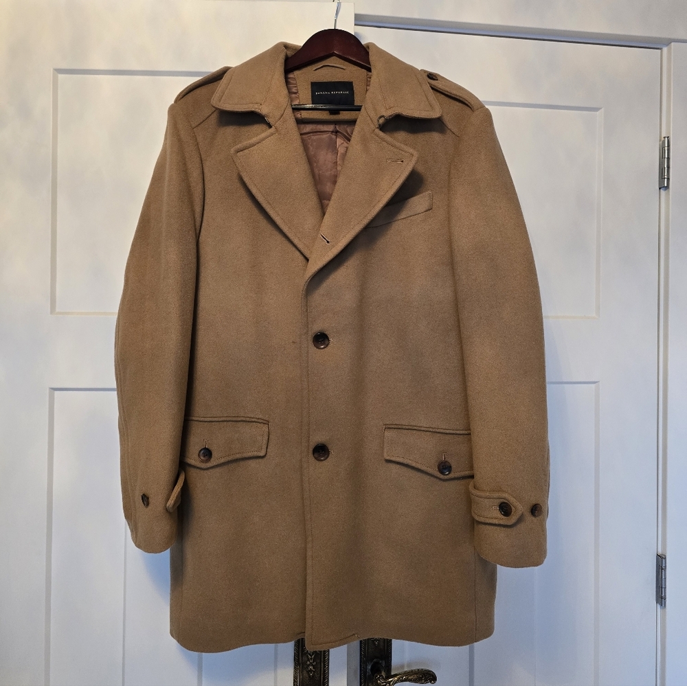 Banana Republic Mens Camel Wool Coat Sz L Dress Work Office Jacket Tan Military